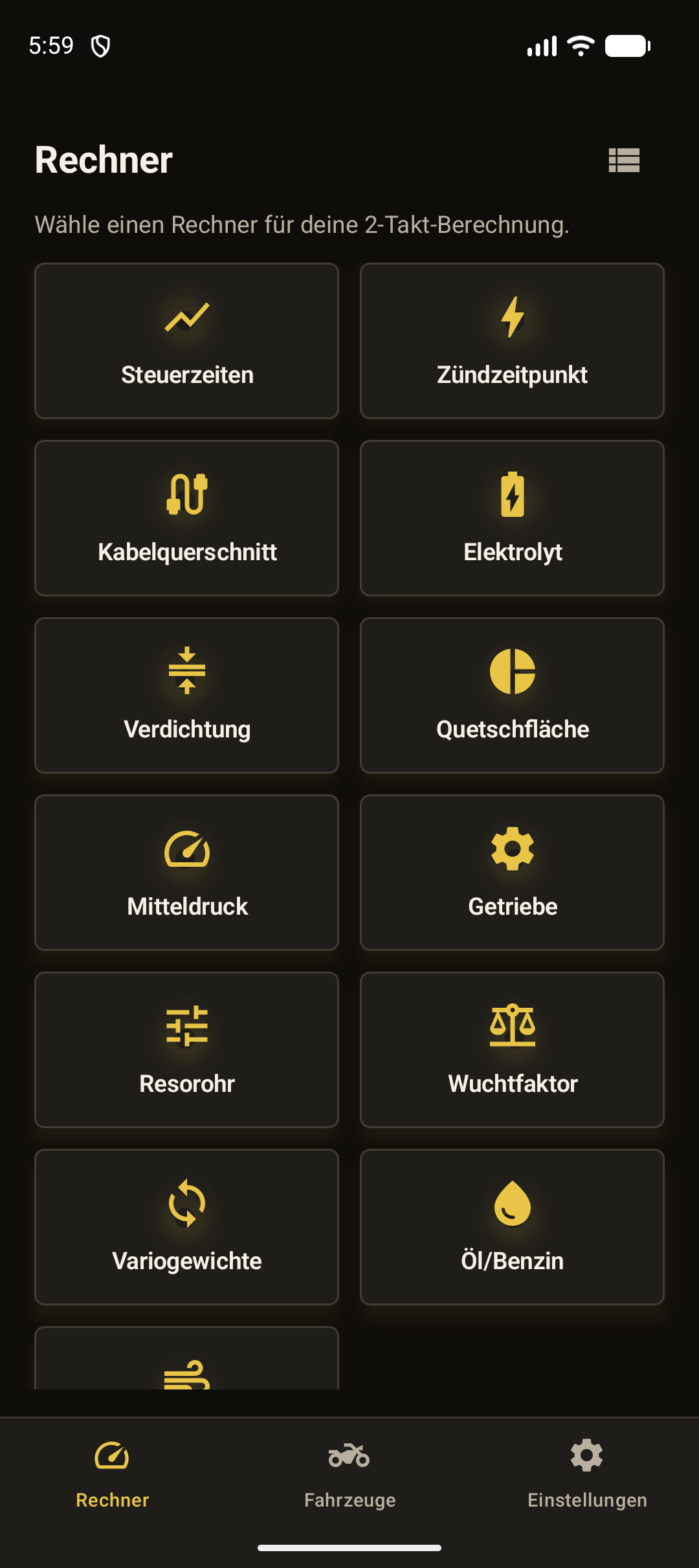 2-Stroke Calc – Rechner-Übersicht mit einer Vielzahl Spezialrechnern im Raster