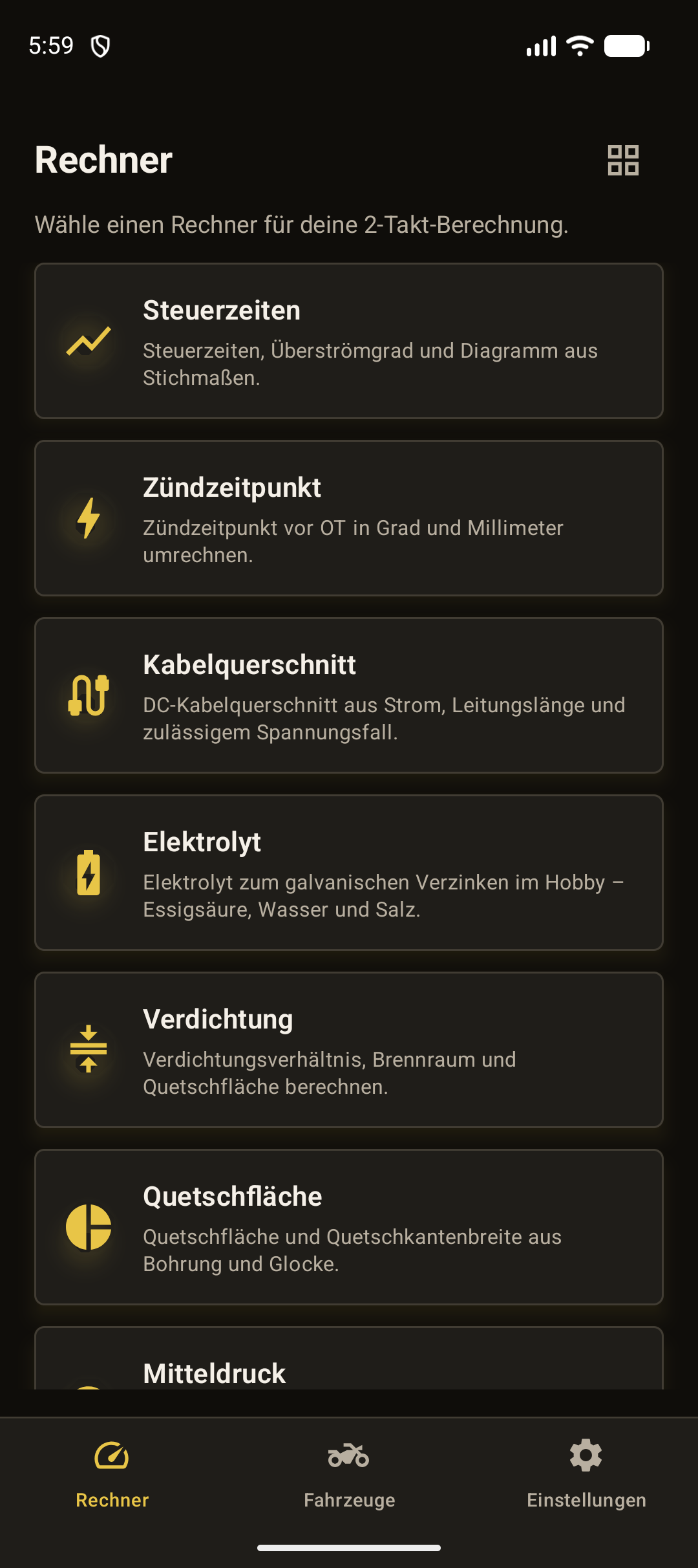 Rechner-Übersicht als Liste mit Kurzbeschreibungen