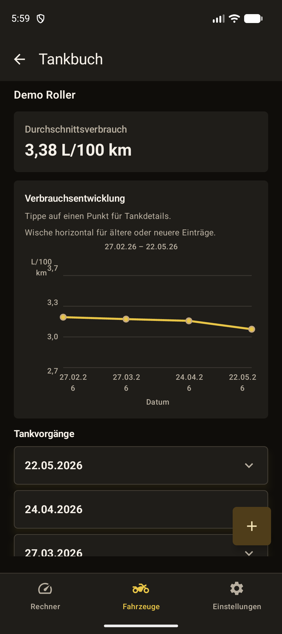 Tankbuch mit Verbrauch und Betankungen