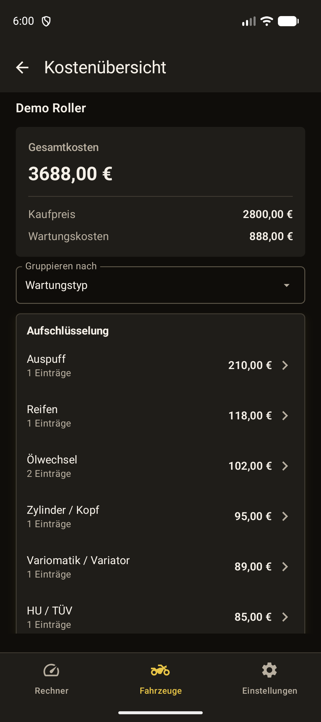 Wartungsplan und Kostenübersicht