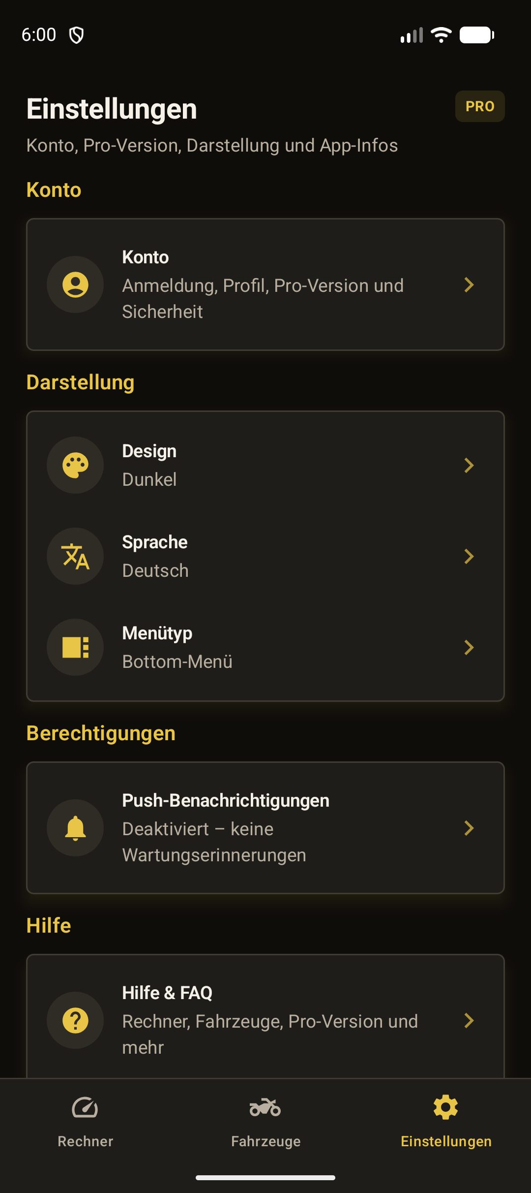App-Einstellungen mit Pro-Version, Design und Hilfe