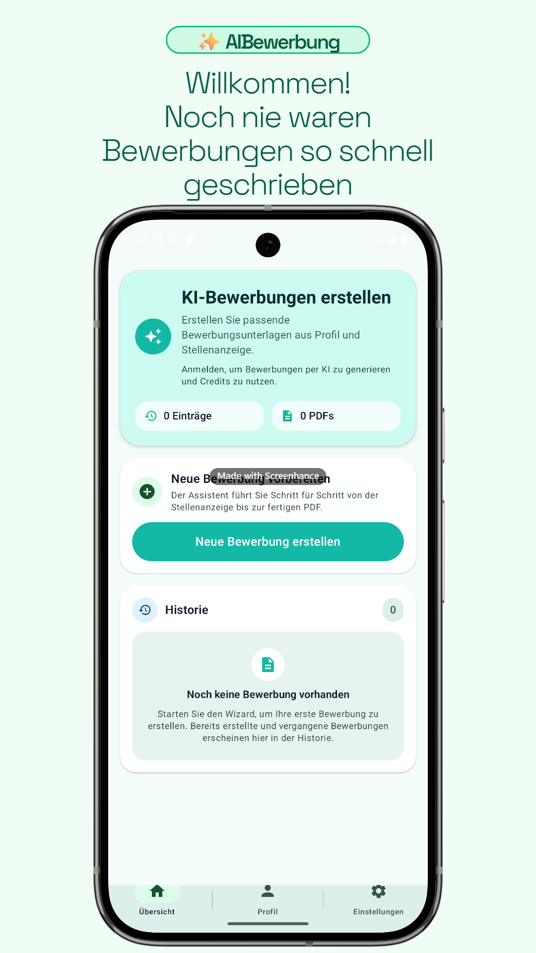 AI Bewerbung – Übersicht mit Bewerbungsassistent und Historie