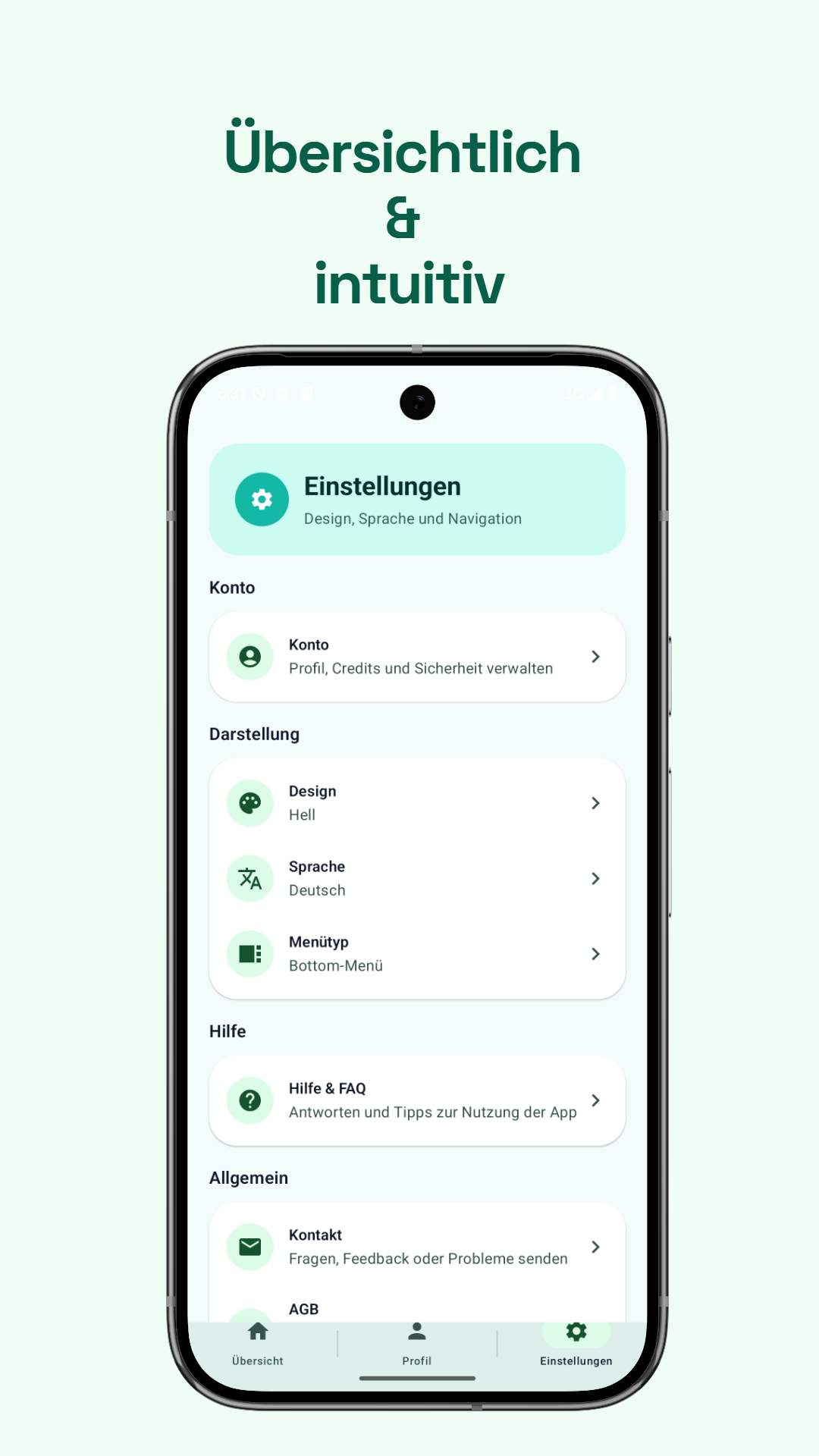 Einstellungen: Design, Sprache, Konto und Hilfe