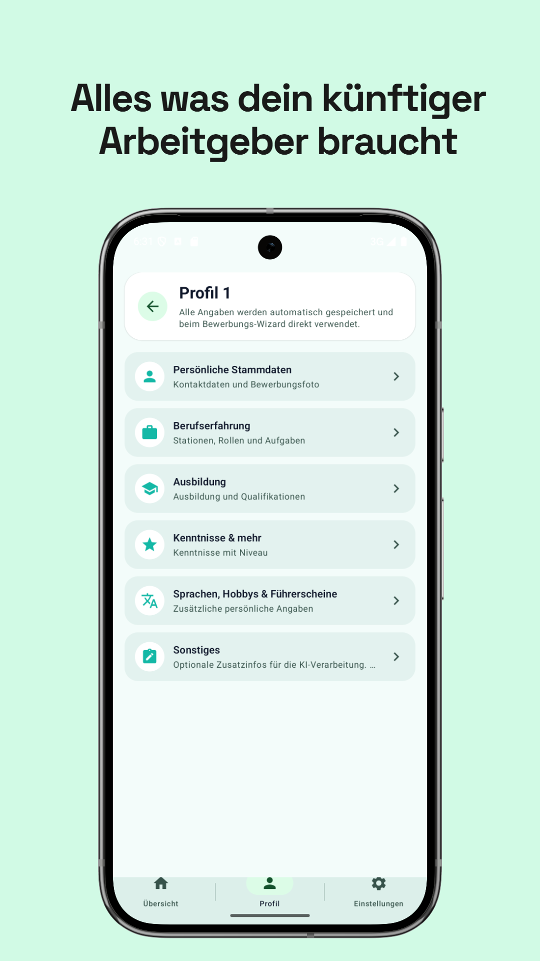 Profil mit Stammdaten, Berufserfahrung, Ausbildung und Kenntnissen