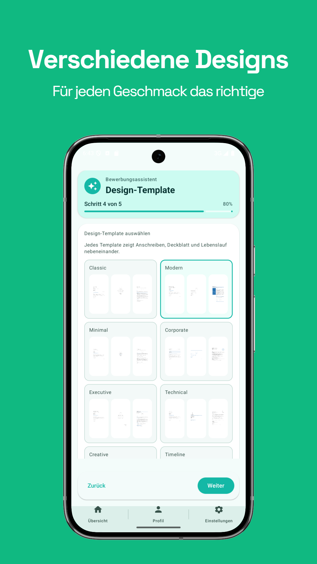Design-Templates für Anschreiben, Deckblatt und Lebenslauf auswählen