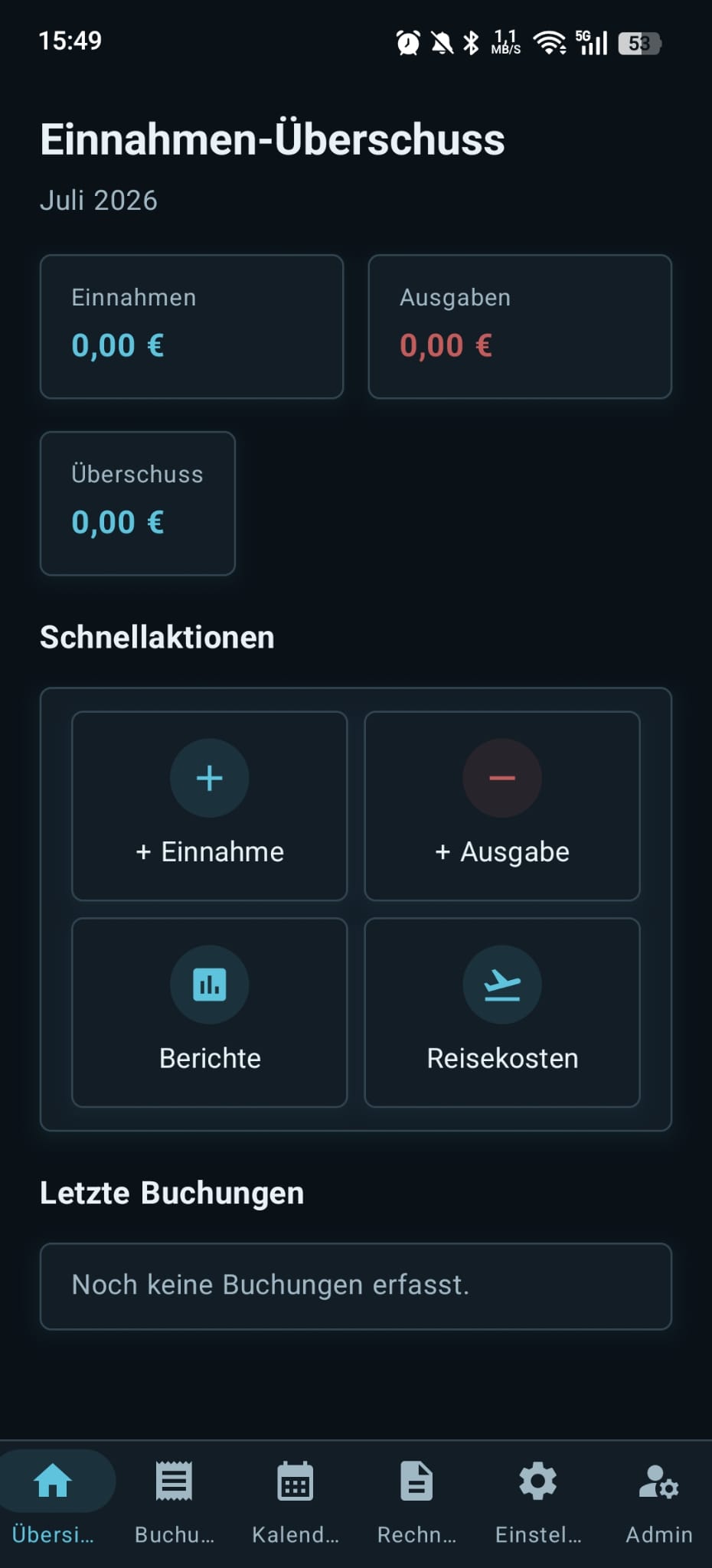 Kleinunternehmer App – Startübersicht mit Kennzahlen und Schnellzugriff
