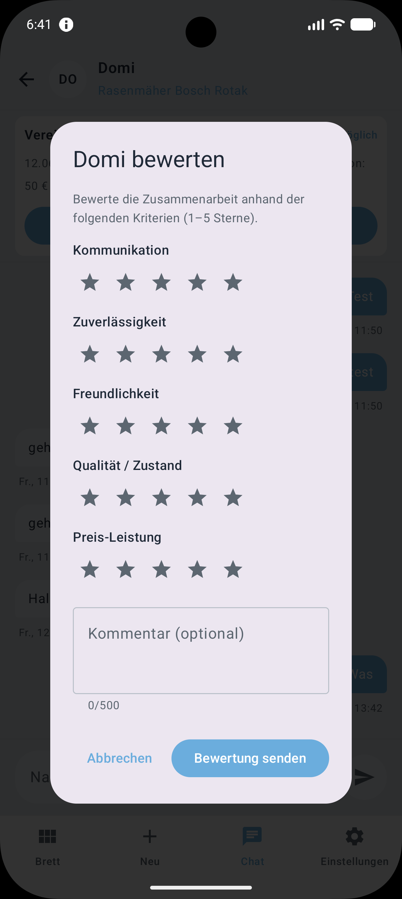 Chat zur Abstimmung von Anfragen und Terminen