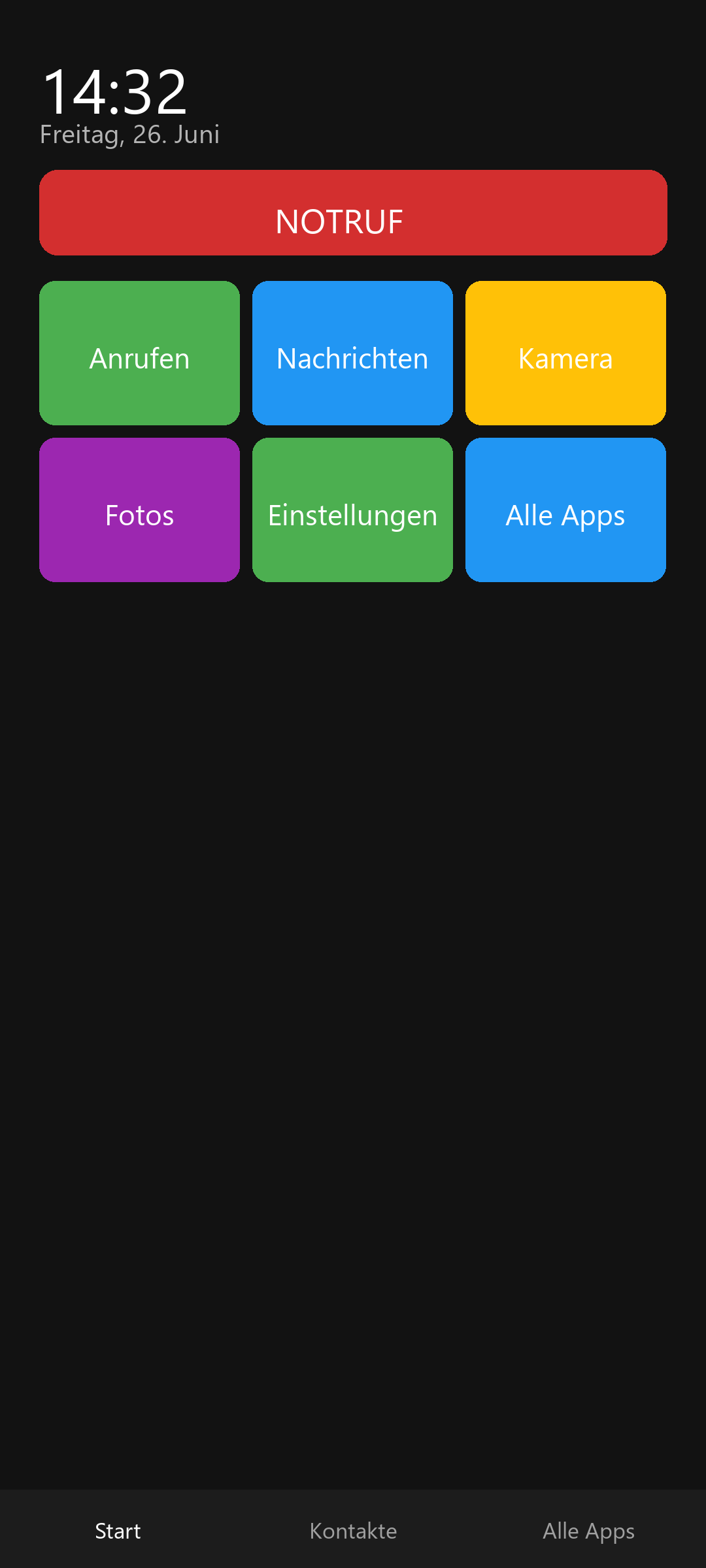 Startbildschirm mit Bottom-Navigation für Kontakte und Alle Apps