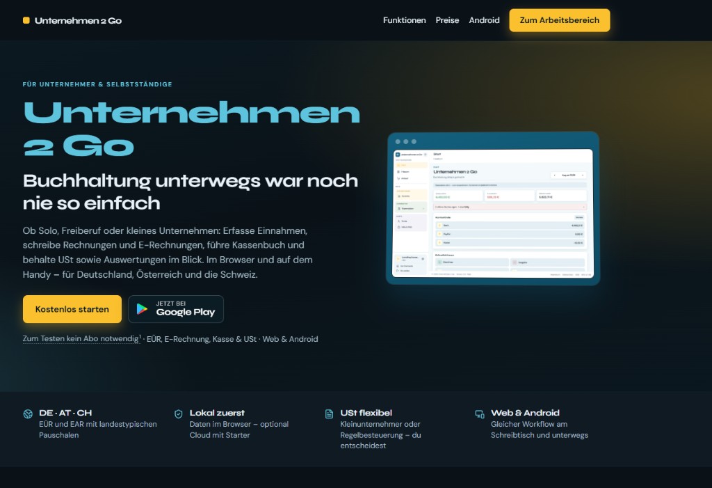 Unternehmen 2 Go – Landingpage mit Buchhaltungs-Dashboard im Browser