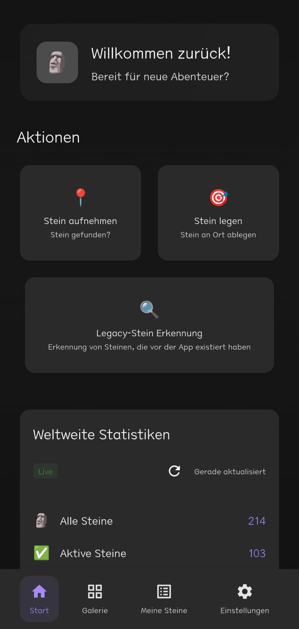 Wandersteine Startbildschirm mit Übersicht